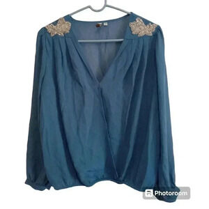 Kut From The Kloth Blouse Teal Blue Sheer Embellished Sz Small Read Description